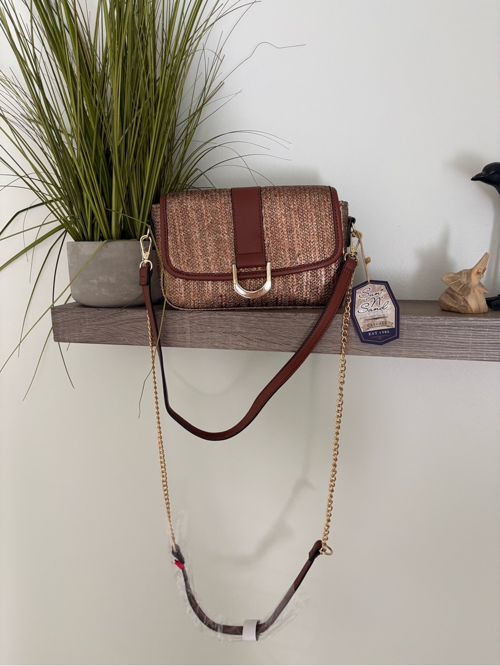 Woven Brown Crossbody with Gold Chain Accent